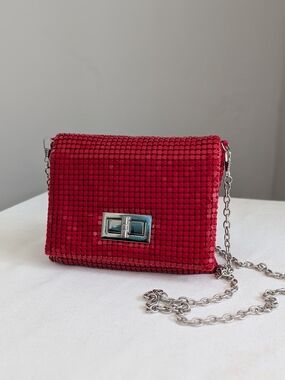 Red Rhinestone Crossbody/Clutch with Silver Chain